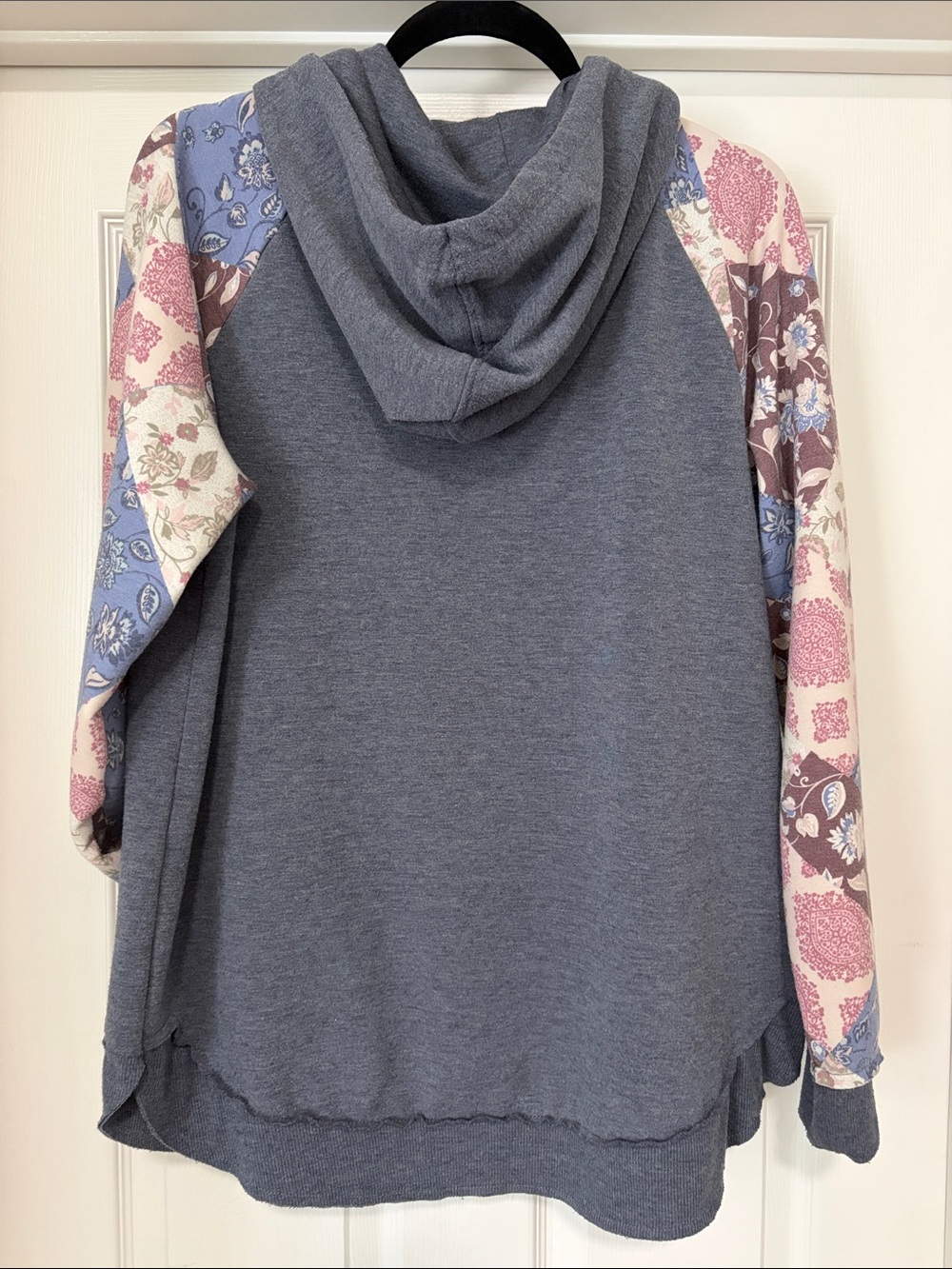 Maurices Heather Blue Pullover Hoodie with Floral Patchwork Sleeves - Picture 4 of 5